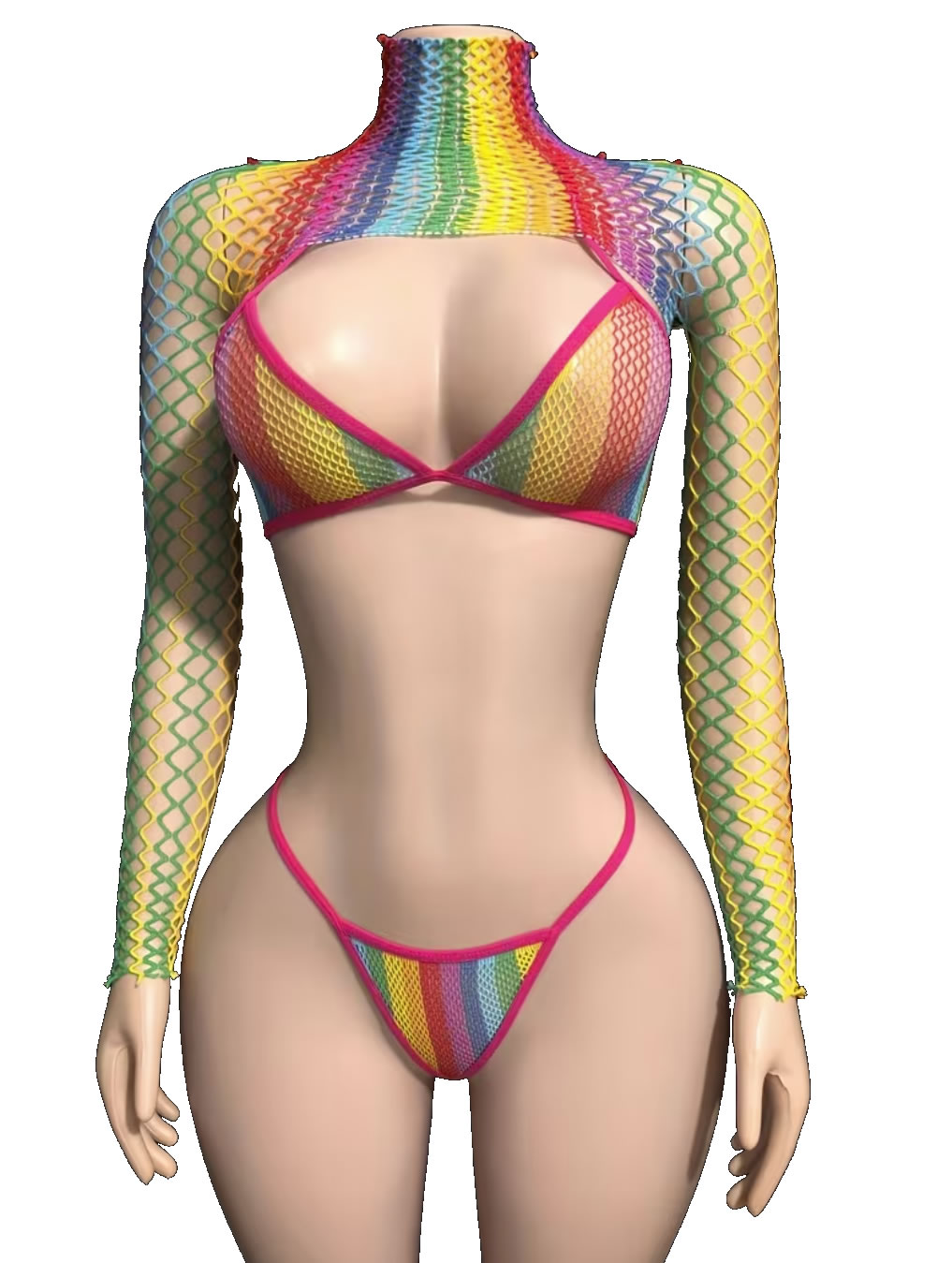 Set Exótico Multicolor de 3 Piezas (Bikini Triangular + Tanga Hilo + Mangas de Red Arcoíris) 7 ista frontal del conjunto malla arcoíris de tres piezas con top de bikini, tanga hilo y mangas largas de red multicolor en Tentación Tienda