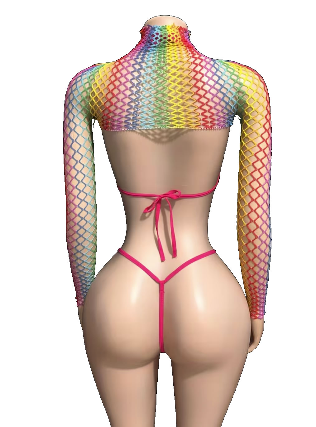 Set Exótico Multicolor de 3 Piezas (Bikini Triangular + Tanga Hilo + Mangas de Red Arcoíris) 2 Vista trasera del set de red multicolor mostrando el lazo de amarre del top, la tanga hilo rosa y la espalda de la torera arcoíris
