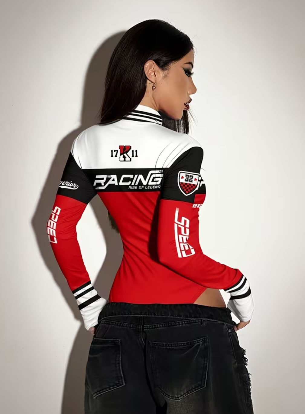 Body Manga Larga de Piloto de Carreras "Racing Legend" con Cremallera Frontal 2 Vista posterior de body manga larga deportivo mostrando los gráficos de carreras en la espalda y los bloques de color