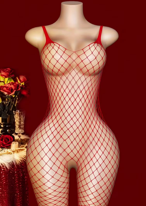 Bodystocking de Red Rojo "Classic Fishnet" de 1 Pieza con Tirantes Delgados 9 Bodystocking de red rojo enterizo de 1 pieza con tirantes delgados en Tentación Tienda