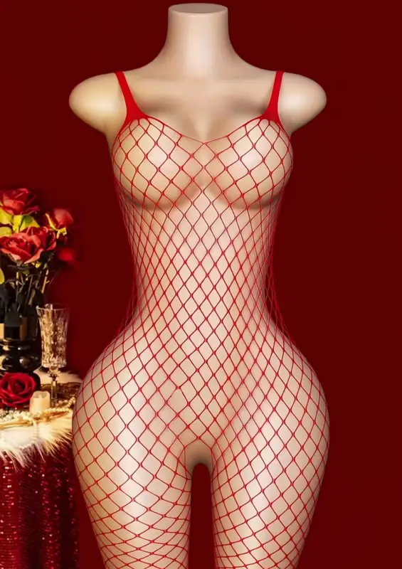 Bodystocking de red rojo enterizo de 1 pieza con tirantes delgados en Tentación Tienda