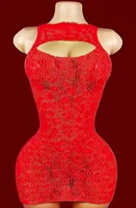 Vestido de lenceria rojo de encaje con cuello alto y abertura keyhole en Tentación Tienda