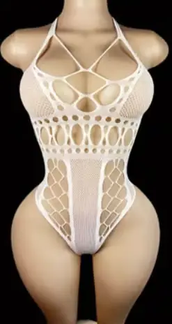Bodystocking blanco de red de 1 pieza con cuello halter y calados en la cintura en Tentación Tienda