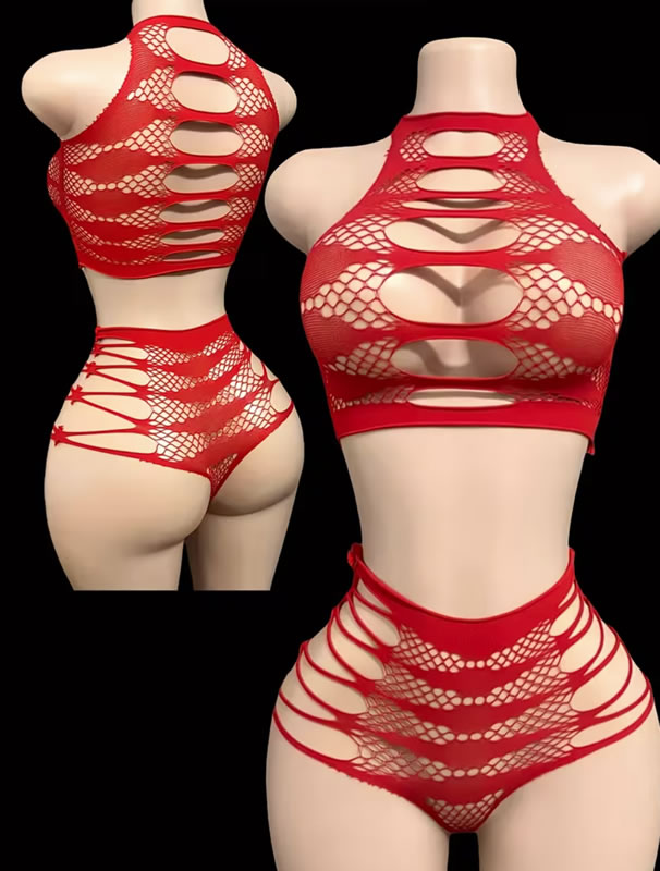 Conjunto de Lencería Rojo de Red "Slashed Red" de 2 Piezas con Crop Top y Panty de Tiro Alto 4 Conjunto de lenceria rojo de red de 2 piezas con crop top y panty calado en Tentación Tienda