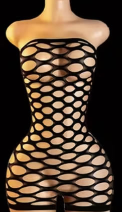 Bodystocking Negro Strapless "Fence Net Oval" de 1 Pieza en Red Ancha Calada 3 Bodystocking negro strapless de 1 pieza en red ancha calada en Tentación Tienda