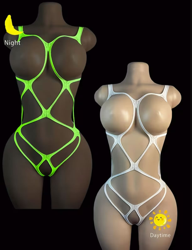 Bodystocking que Brilla en la Oscuridad "Glow Harness" de 1 Pieza con Busto Libre y Efecto Fotoluminiscente 1 Bodystocking fucsia de red estilo catsuit con tirantes en Tentación Tienda