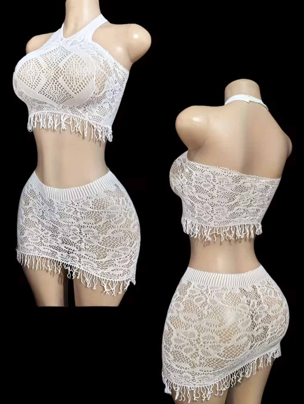 Conjunto de Lencería Blanco "Boho Fringe Passion" de 2 Piezas con Crop Top Halter y Minifalda