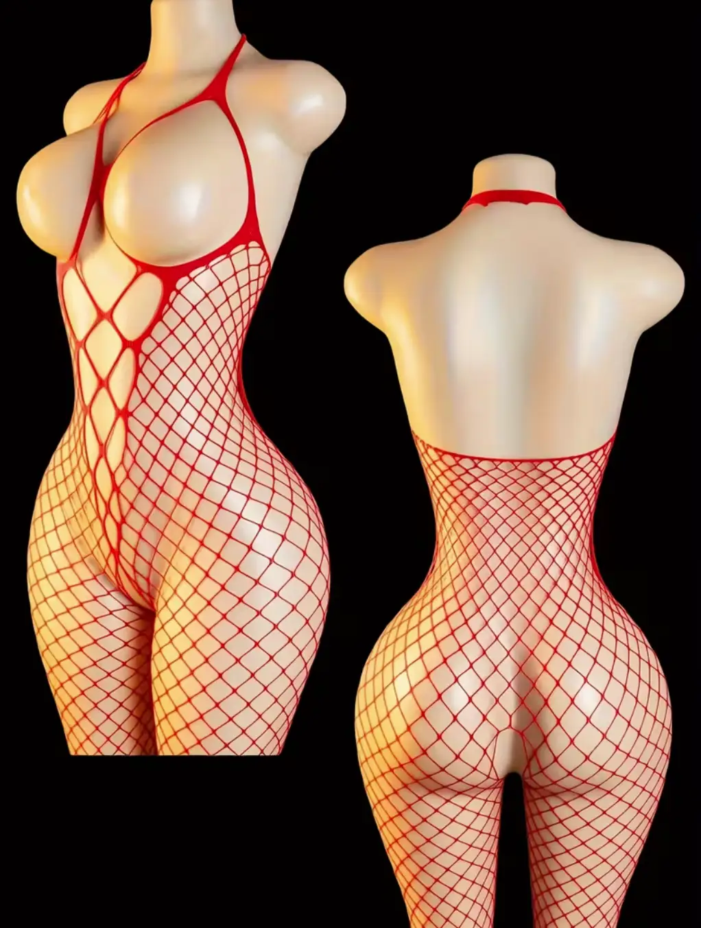 Bodystocking Rojo Busto Libre "Open Passion" de 1 Pieza con Cuello Halter y Malla Calada 8 Bodystocking rojo busto libre de 1 pieza con escote halter y malla calada en Tentación Tienda